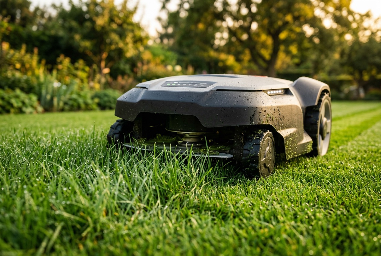 Robotic mower cutting striped grass